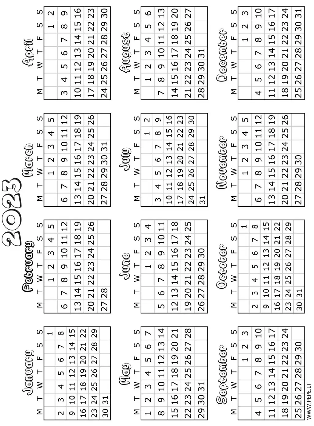 2023 calendar for coloring