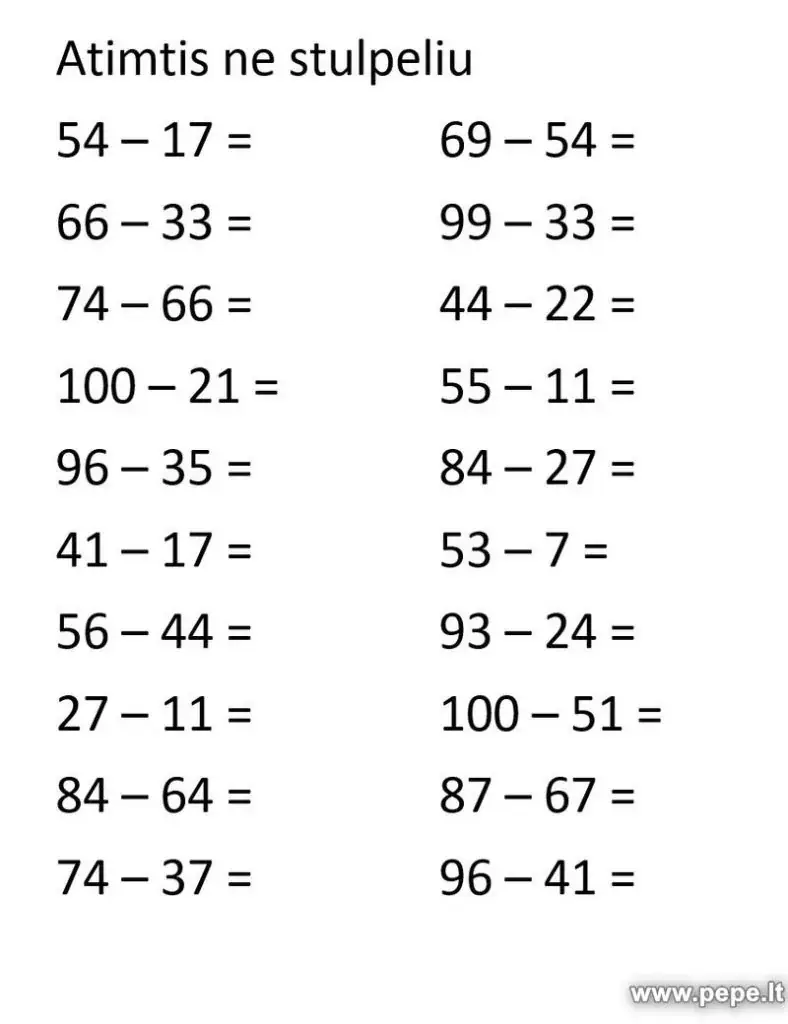 Zbritja jo me kolonë, matematikë për nxënësit e klasës së tretë.