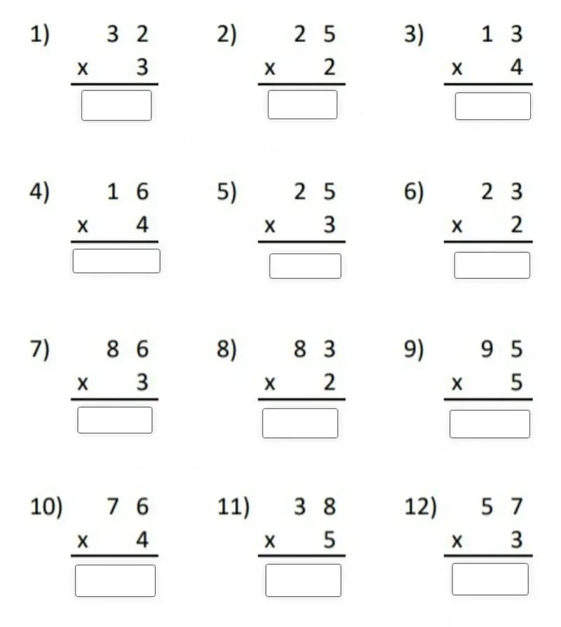 Matematikk multiplikasjon med kolonne for tredjeklassinger, oppgave. 