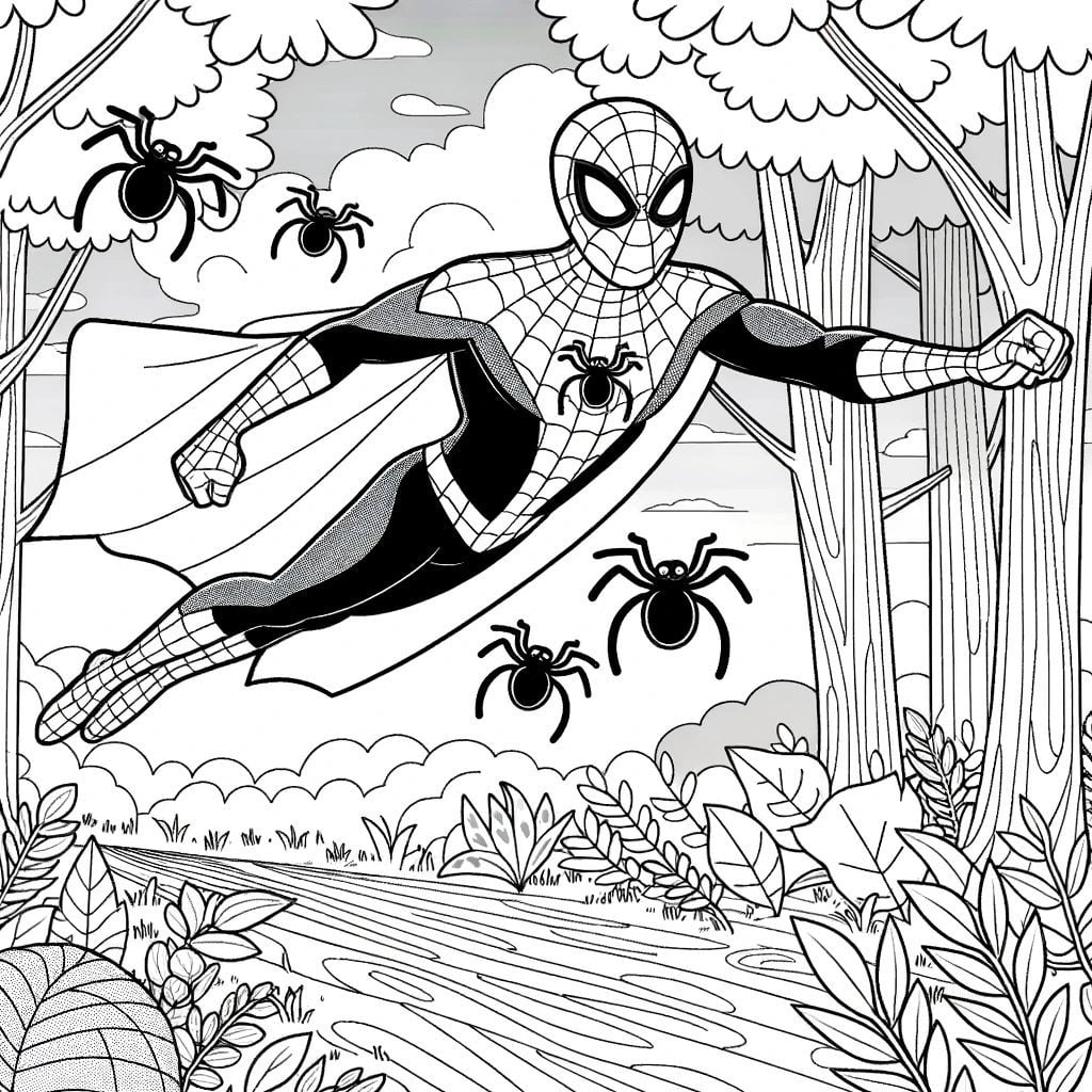 Розмальовка Людина-павук летить у лісі