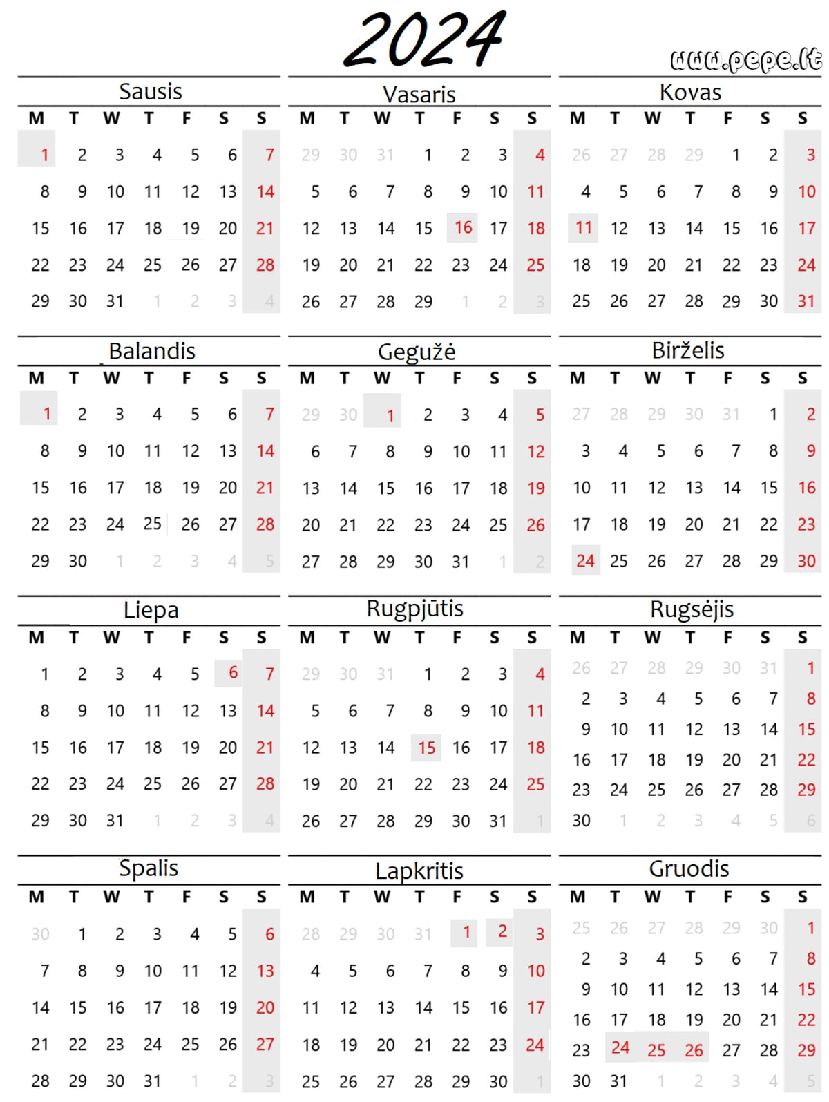 Kalendoriai Spausdinimui Ir Spalvinimui PEPE LT   2024 Kalendorius 
