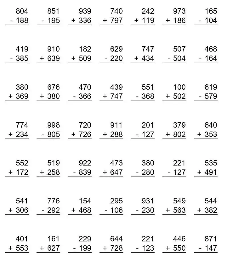 Suma y resta. Tareas de matemáticas.