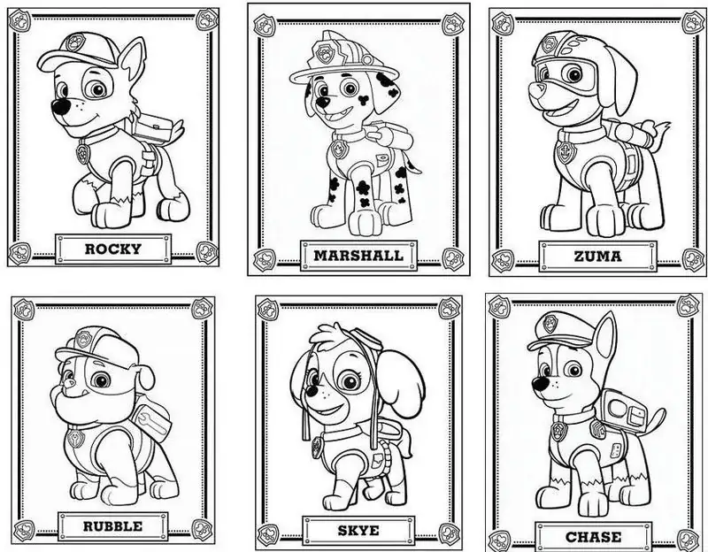 Mená šteniatok: Rocky, Marshall, Zuma, Rubble, Skye, Chase to color